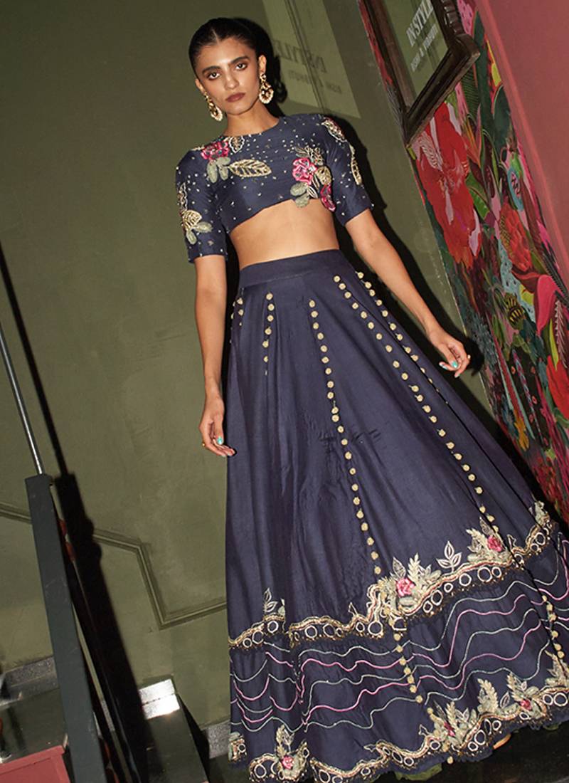 blue chanderi lehenga set with floral embroidery