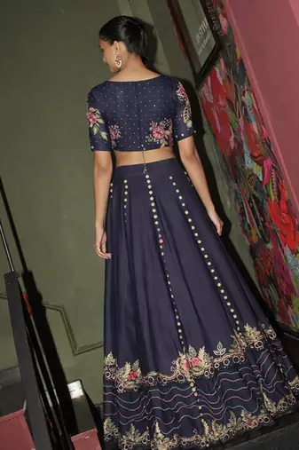 blue chanderi lehenga set with floral embroidery