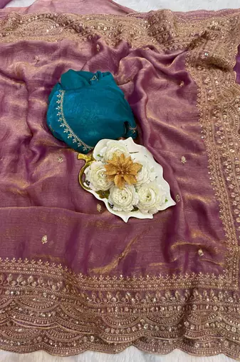 Lavender Color Soft Space Chiffon Fancy Saree