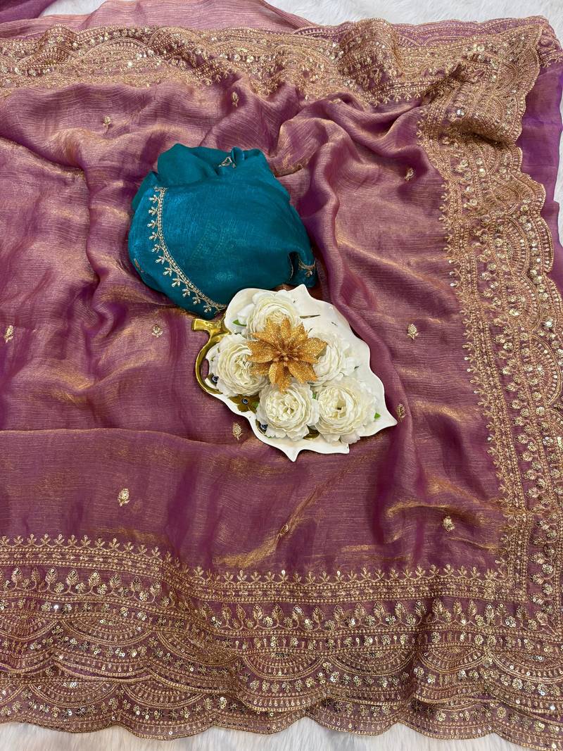 Lavender Color Soft Space Chiffon Fancy Saree