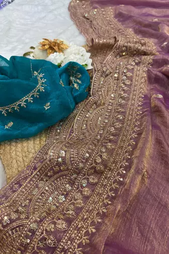Lavender Color Soft Space Chiffon Fancy Saree