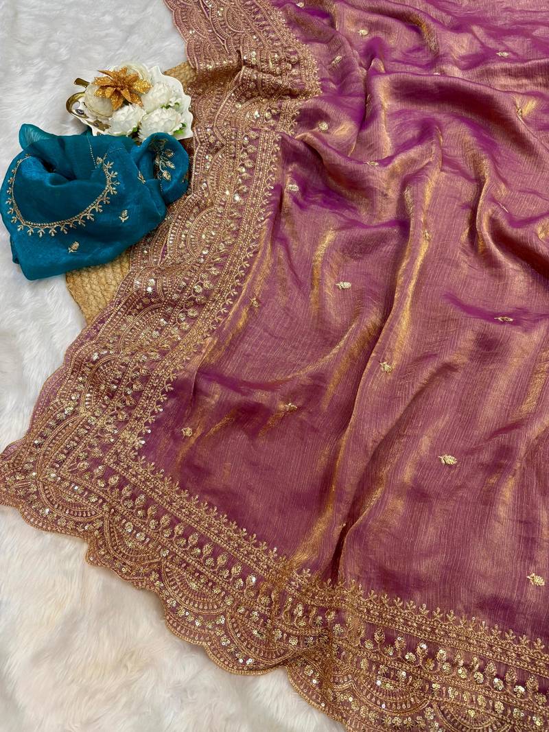 Lavender Color Soft Space Chiffon Fancy Saree