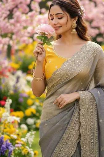 Grey Color Soft Space Chiffon Fancy Saree