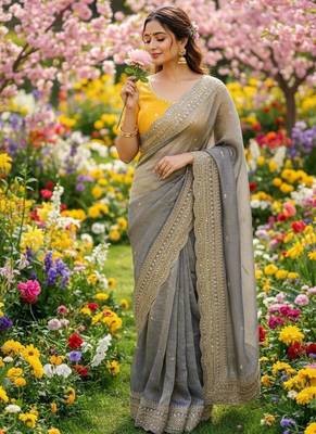 Grey Color Soft Space Chiffon Fancy Saree 1