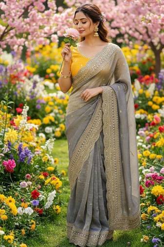 Grey Color Soft Space Chiffon Fancy Saree