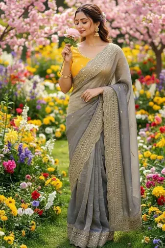 Grey Color Soft Space Chiffon Fancy Saree