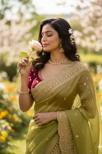 Green Color Soft Space Chiffon Fancy Saree