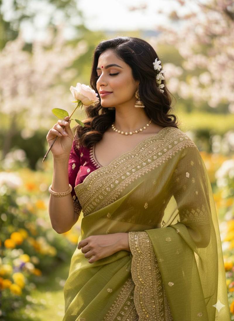 Green Color Soft Space Chiffon Fancy Saree
