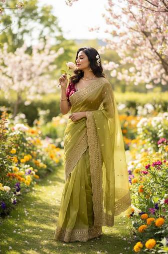 Green Color Soft Space Chiffon Fancy Saree