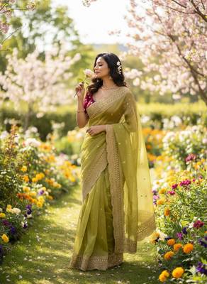 Green Color Soft Space Chiffon Fancy Saree 1