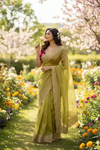 Green Color Soft Space Chiffon Fancy Saree