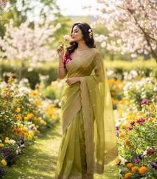 Green Color Soft Space Chiffon Fancy Saree