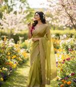 Green Color Soft Space Chiffon Fancy Saree