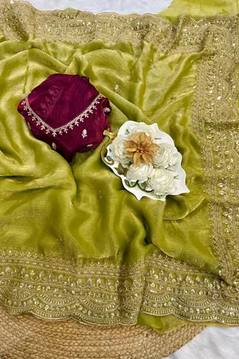 Green Color Soft Space Chiffon Fancy Saree