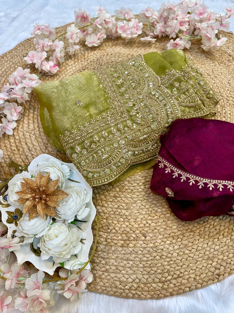 Green Color Soft Space Chiffon Fancy Saree