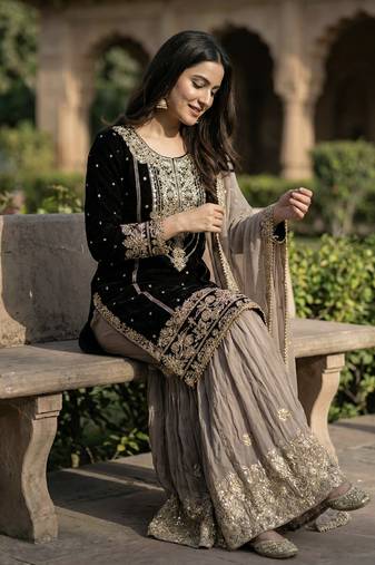 Black Sharara With Dupatta Stylish Suit Set