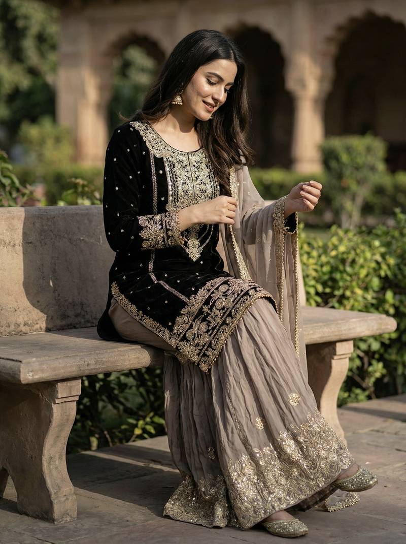Black Sharara With Dupatta Stylish Suit Set