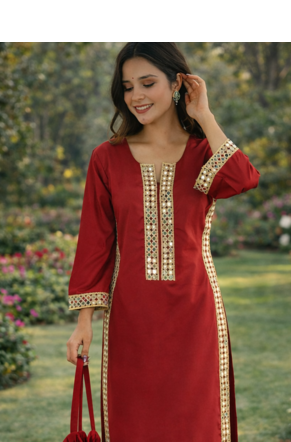 Maroon Mirror Lace work Natural Crepe Kurti Pant Set 2
