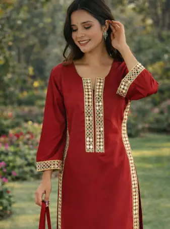 Maroon Mirror Lace work Natural Crepe Kurti Pant Set