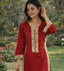 Maroon Mirror Lace work Natural Crepe Kurti Pant Set