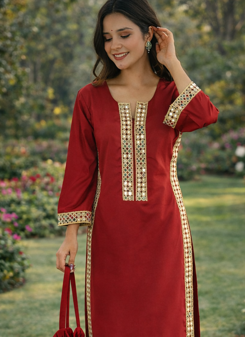 Maroon Mirror Lace work Natural Crepe Kurti Pant Set