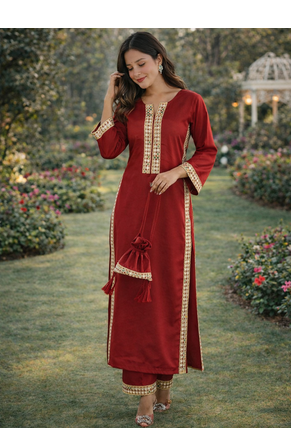 Maroon Mirror Lace work Natural Crepe Kurti Pant Set 1