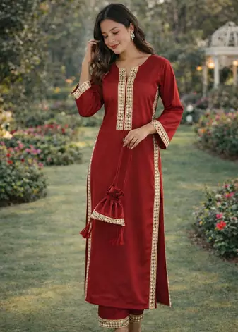 Maroon Mirror Lace work Natural Crepe Kurti Pant Set