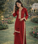Maroon Mirror Lace work Natural Crepe Kurti Pant Set