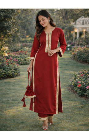 Maroon Mirror Lace work Natural Crepe Kurti Pant Set 3