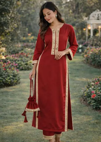 Maroon Mirror Lace work Natural Crepe Kurti Pant Set