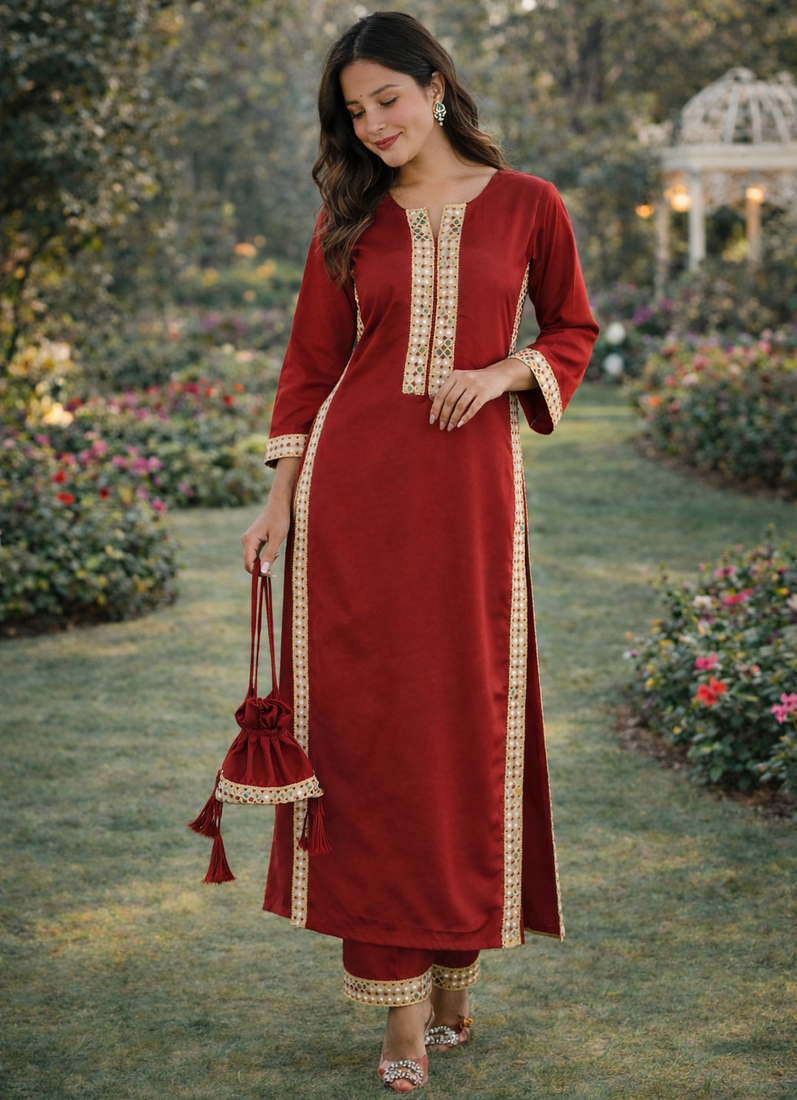 Maroon Mirror Lace work Natural Crepe Kurti Pant Set