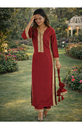 Maroon Mirror Lace work Natural Crepe Kurti Pant Set 4