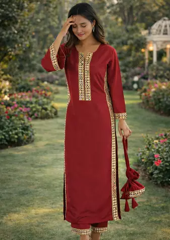 Maroon Mirror Lace work Natural Crepe Kurti Pant Set