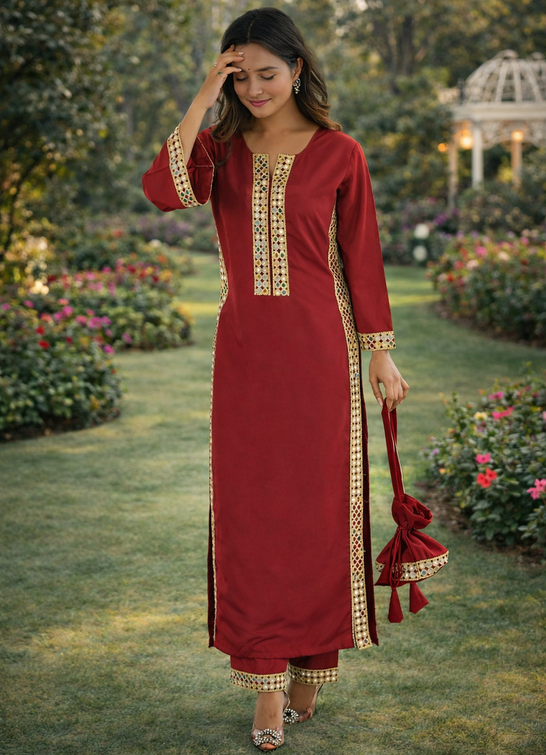 Maroon Mirror Lace work Natural Crepe Kurti Pant Set
