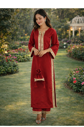 Maroon Mirror Lace work Natural Crepe Kurti Pant Set 5