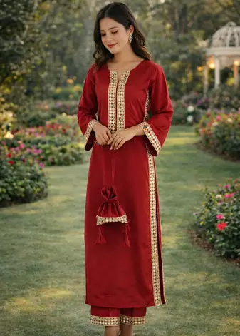Maroon Mirror Lace work Natural Crepe Kurti Pant Set