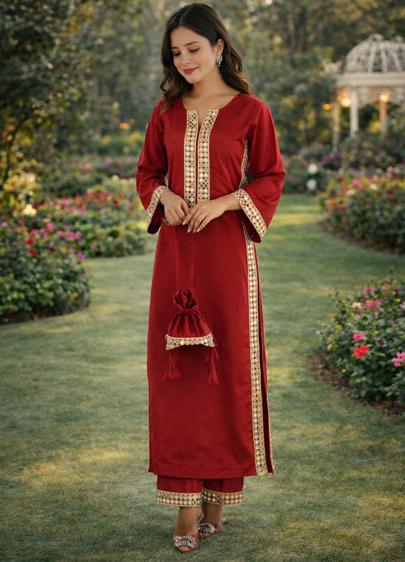 Maroon Mirror Lace work Natural Crepe Kurti Pant Set