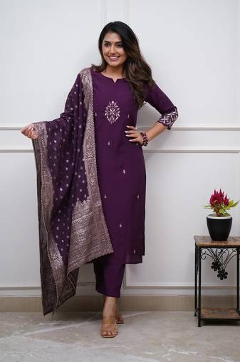 Purple Chanderi Embroidered work Kurta Set