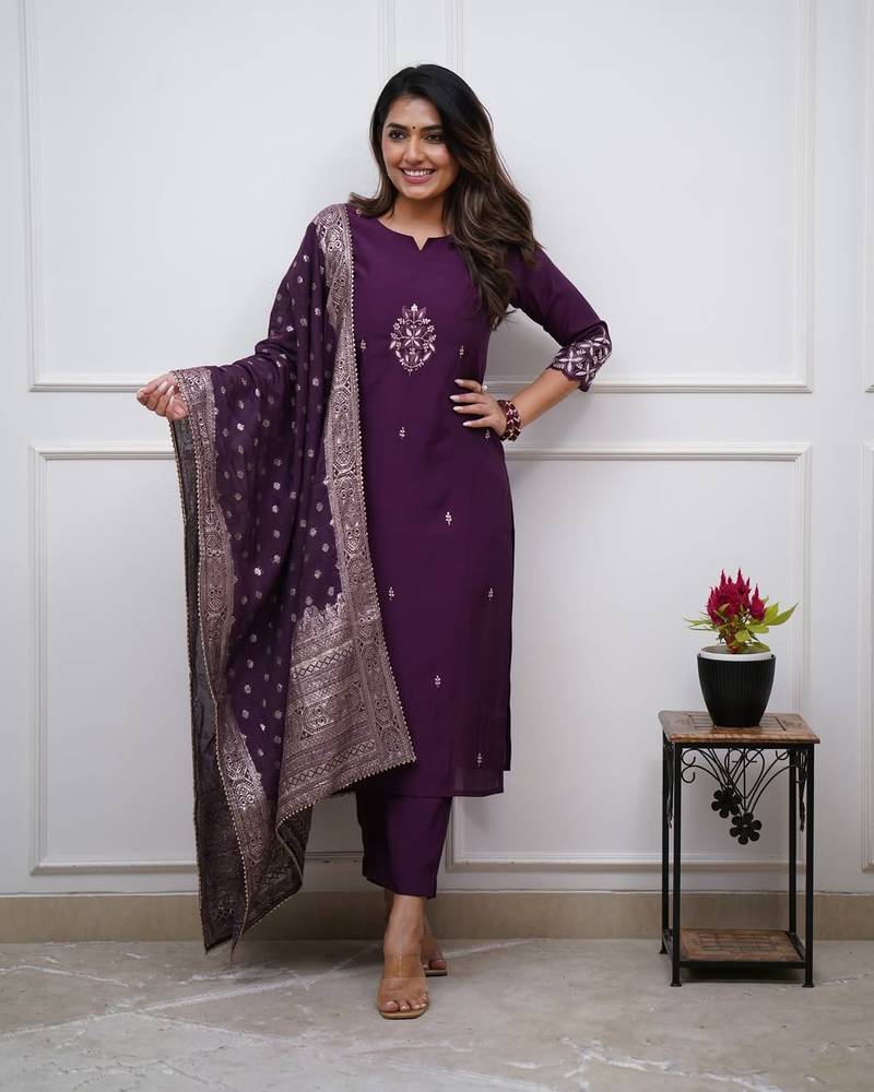 Purple Chanderi Embroidered work Kurta Set