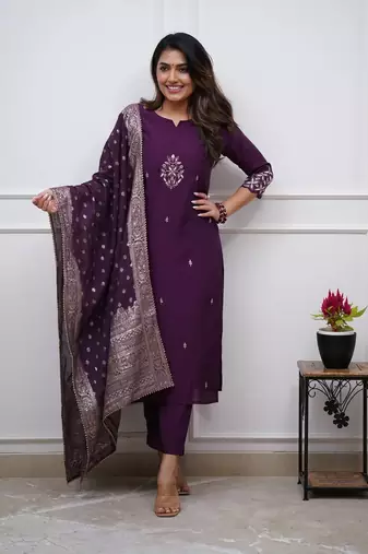 Purple Chanderi Embroidered work Kurta Set