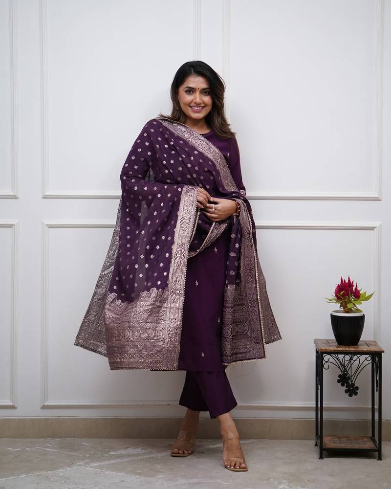 Purple Chanderi Embroidered work Kurta Set