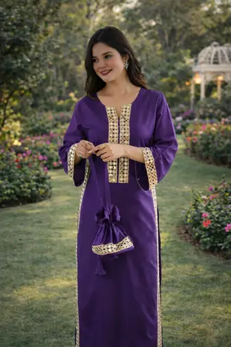 Purple Color Real Mirror Lace work Natural Crepe Kurti Pent Set
