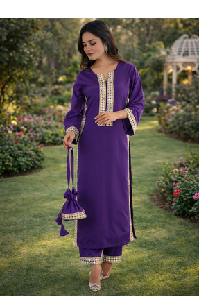 Purple Color Real Mirror Lace work Natural Crepe Kurti Pent Set 3