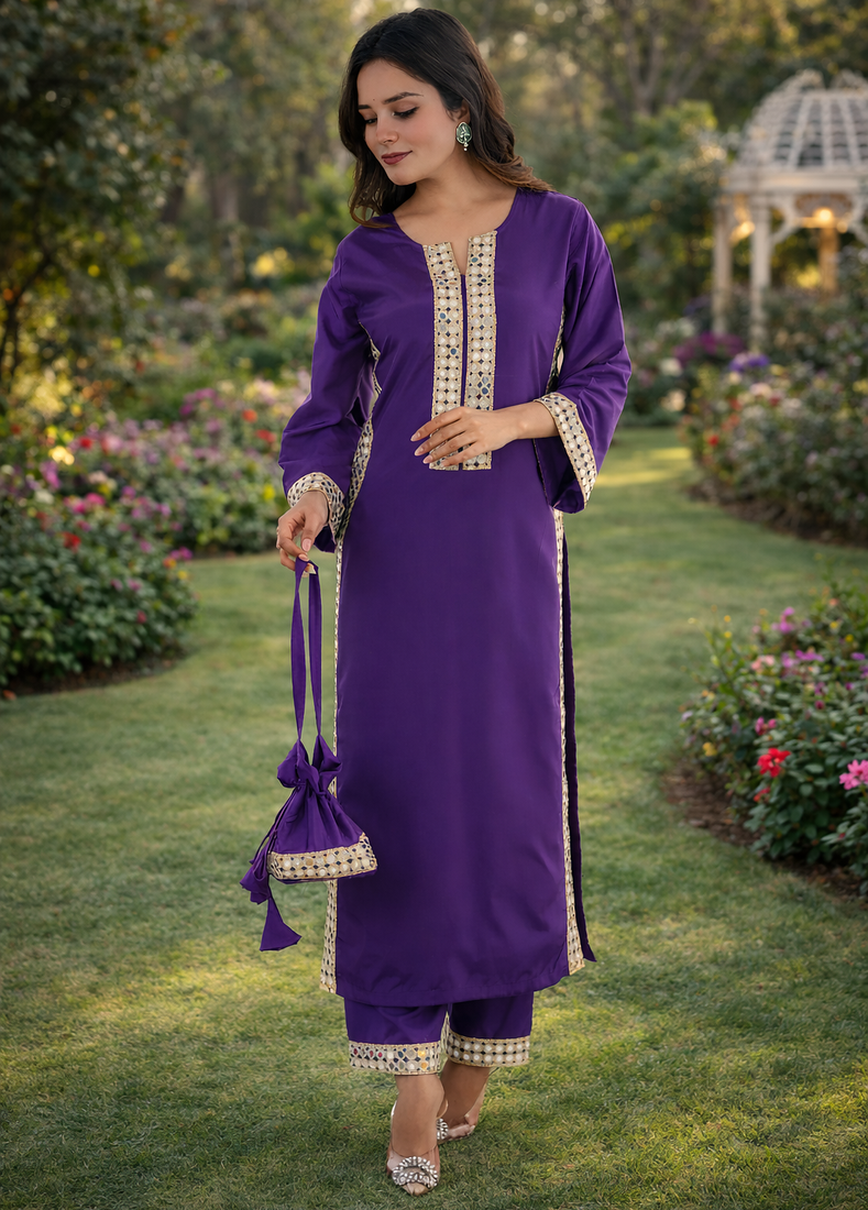 Purple Color Real Mirror Lace work Natural Crepe Kurti pant Set
