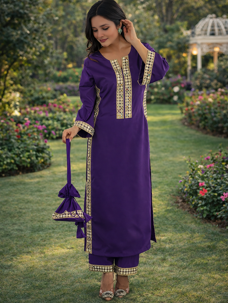 Purple Color Real Mirror Lace work Natural Crepe Kurti pant Set