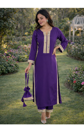 Purple Color Real Mirror Lace work Natural Crepe Kurti Pent Set 1