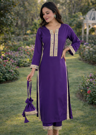 Purple Color Real Mirror Lace work Natural Crepe Kurti pant Set