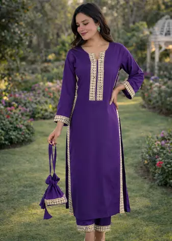 Purple Color Real Mirror Lace work Natural Crepe Kurti pant Set