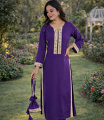 Purple Color Real Mirror Lace work Natural Crepe Kurti pant Set