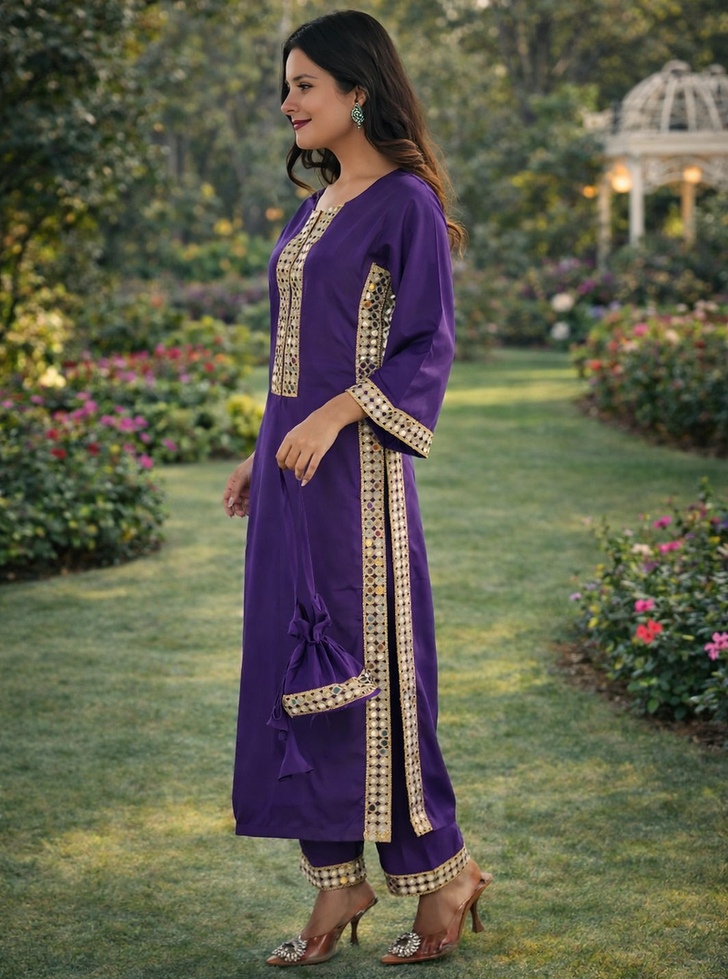 Purple Color Real Mirror Lace work Natural Crepe Kurti pant Set